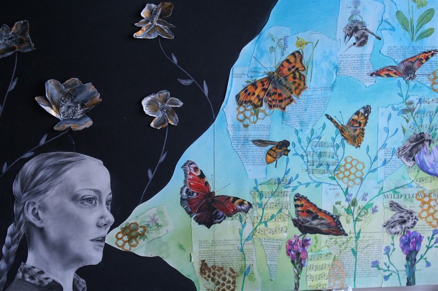 The Power of Words, by Anya Kennedy, member of the Youth Council. This mixed media work depicts Greta Thunberg, reflecting how her inspirational speeches creates real change in the world. It has a paticular focus on pollinators and thier importance.